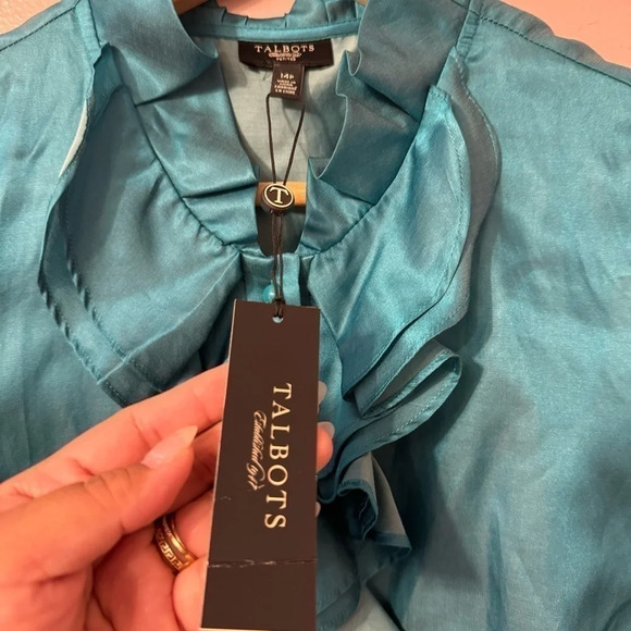 Talbots Turquoise Silk Cotton Ruffle  Bib Top Blouse Womens Size 14P NWT - Picture 6 of 9